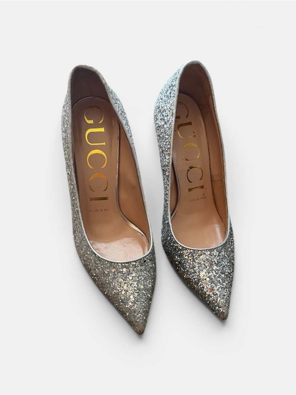Gucci Silver Glitter Pointed Virgina heel Pumps 6.5